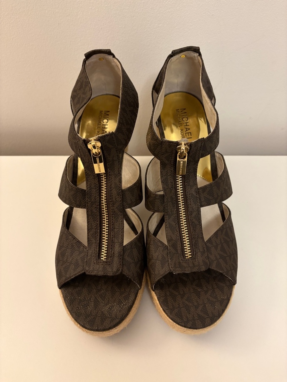MICHAEL Michael Kors Brown Monogram Zip Wedge Sandals